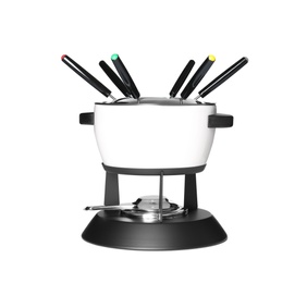 Photo of Modern fondue set on white background. Kitchen equipment