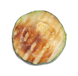 Photo of Delicious grilled zucchini slice on white background, top view