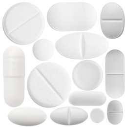 Set of different pills isolated on white