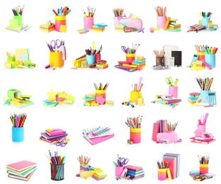 Image of Set of bright school stationery on white background 