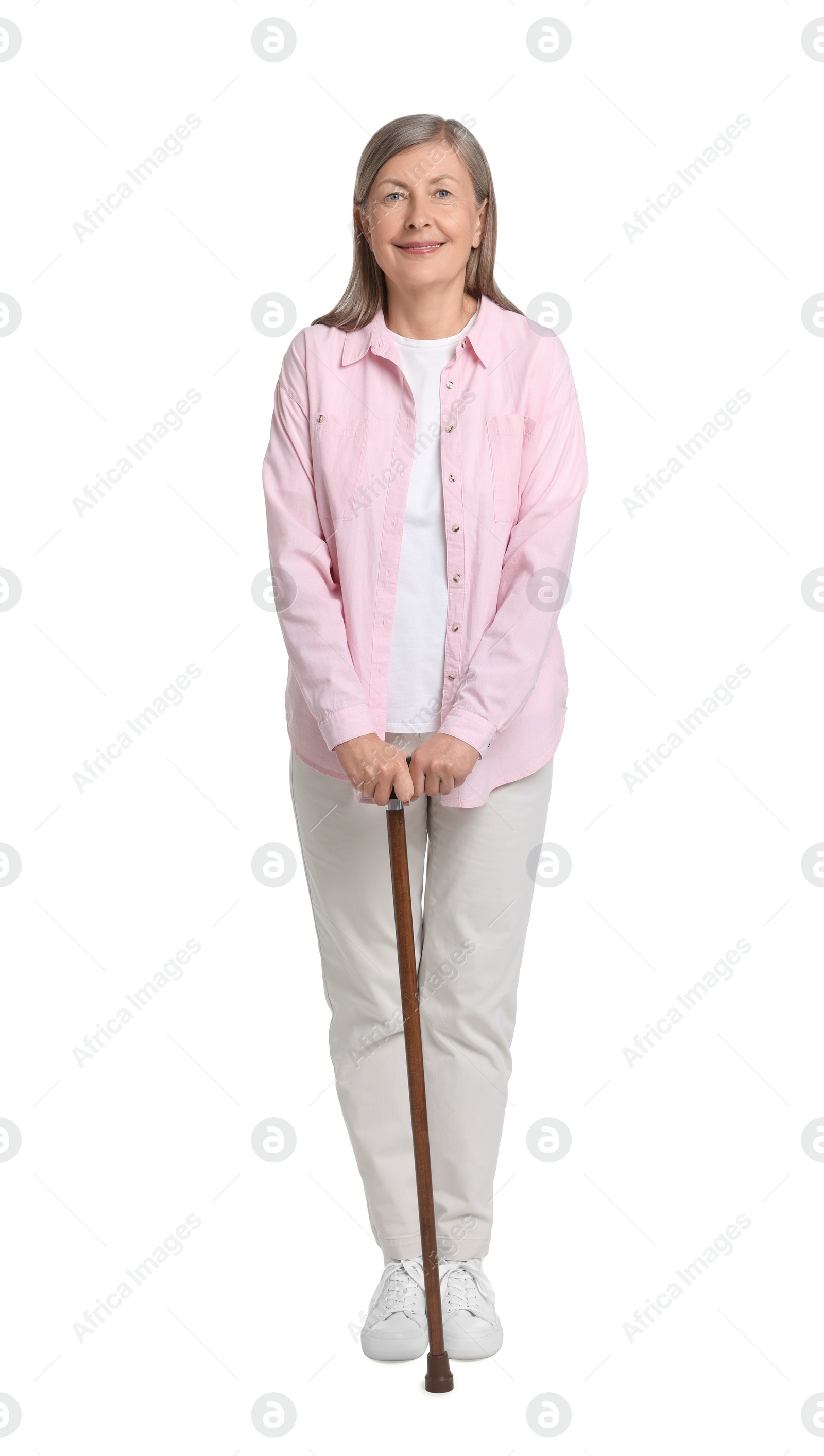 Photo of Senior woman with walking cane on white background