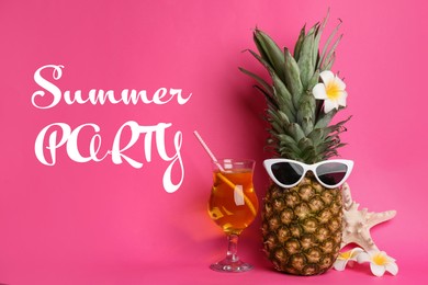 Summer party. Funny pineapple with cocktail, plumeria flowers and starfish on pink background