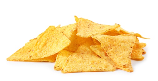 Photo of Pile of tasty Mexican nachos chips on white background