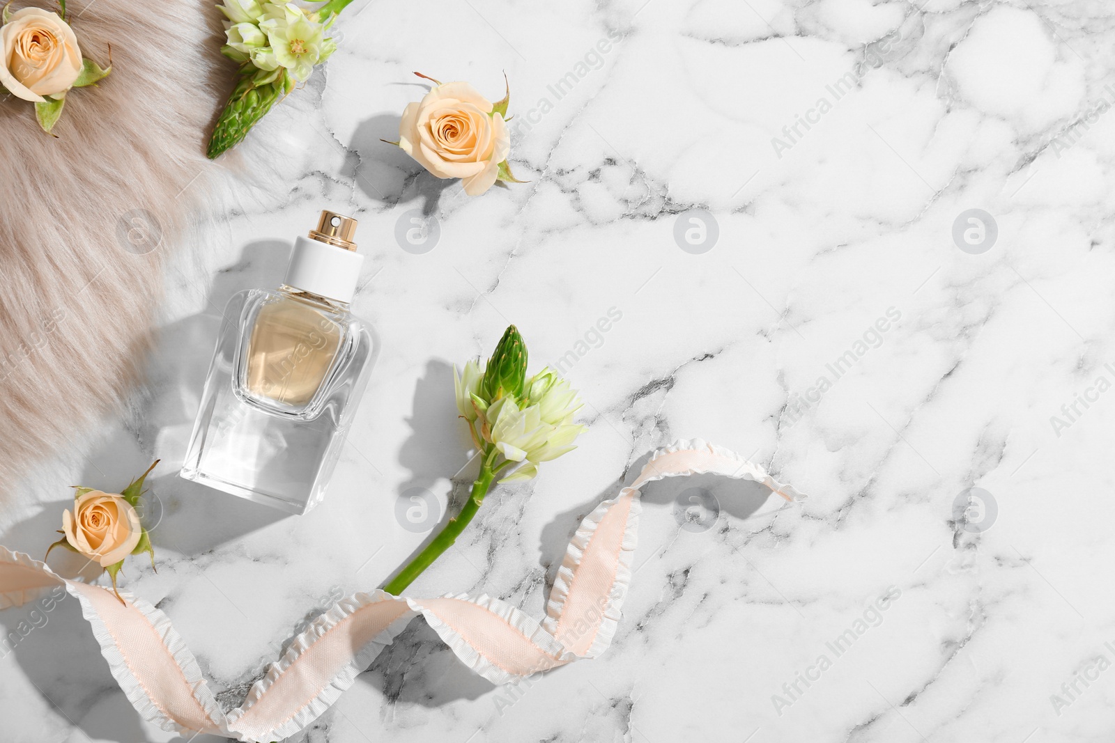 Photo of Beautiful composition with bottle of perfume on light background, flat lay