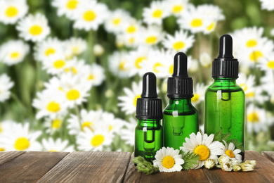 Image of Bottles of essential oil and chamomile flowers on wooden table against blurred background. Space for text