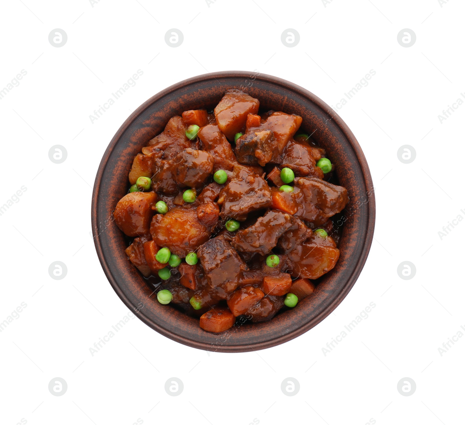 Photo of Delicious beef stew with carrots, peas and potatoes on white background, top view