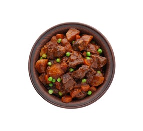 Photo of Delicious beef stew with carrots, peas and potatoes on white background, top view