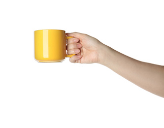 Woman holding cup on white background, closeup