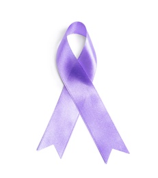 Photo of Purple awareness ribbon on white background, top view