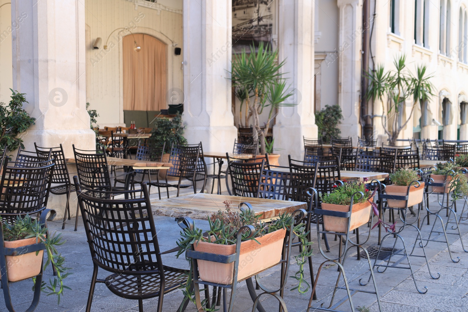 Photo of Outdoor cafe with stylish furniture and plants in pots