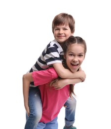 Photo of Happy brother and sister on white background