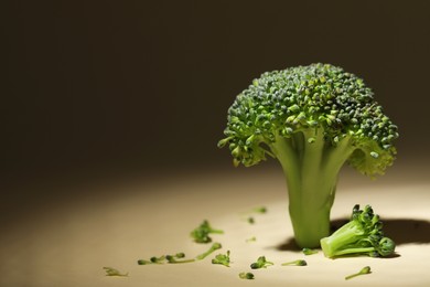 Photo of Fresh raw broccoli on beige background, closeup. Space for text