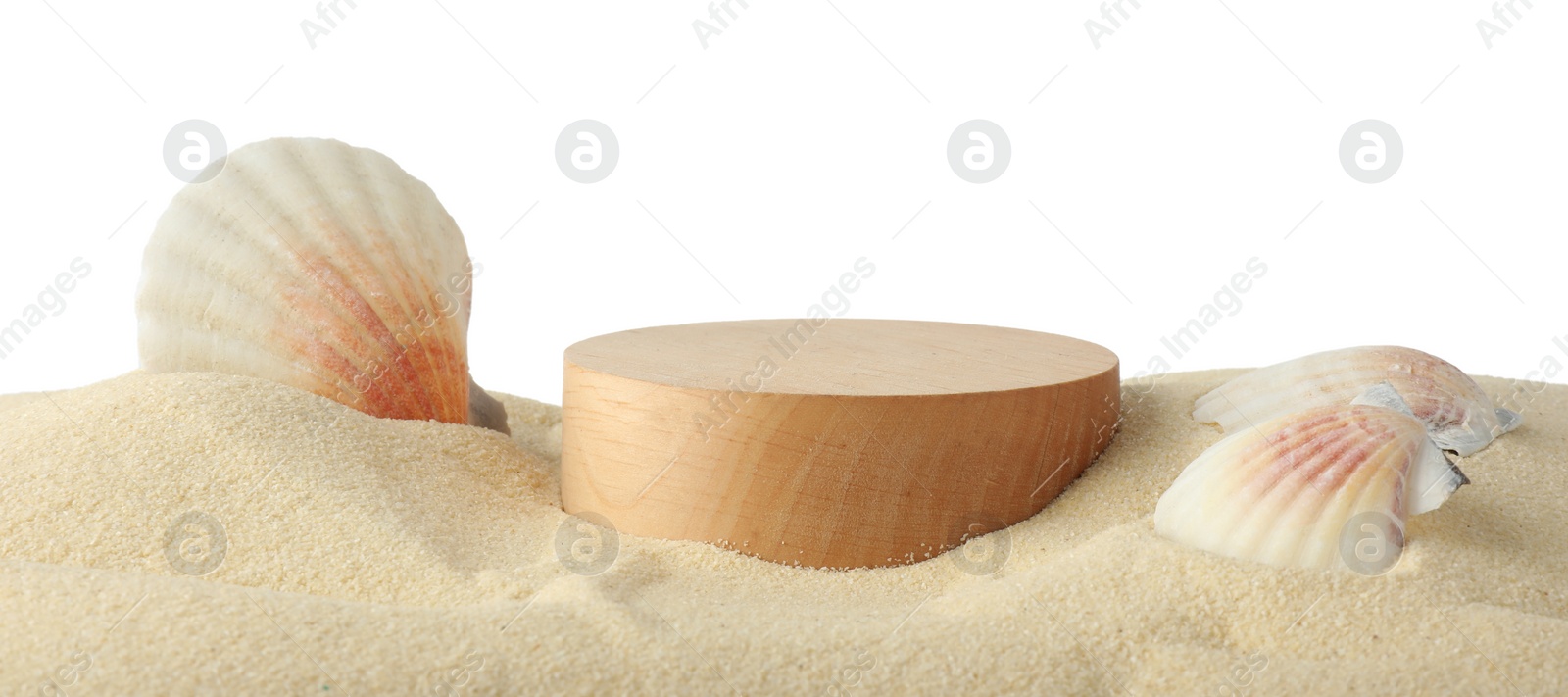 Photo of Presentation of product. Wooden podium on sand and seashells against white background