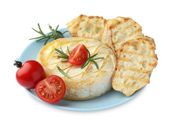 Photo of Tasty baked brie cheese with rosemary, cherry tomatoes and bread isolated on white