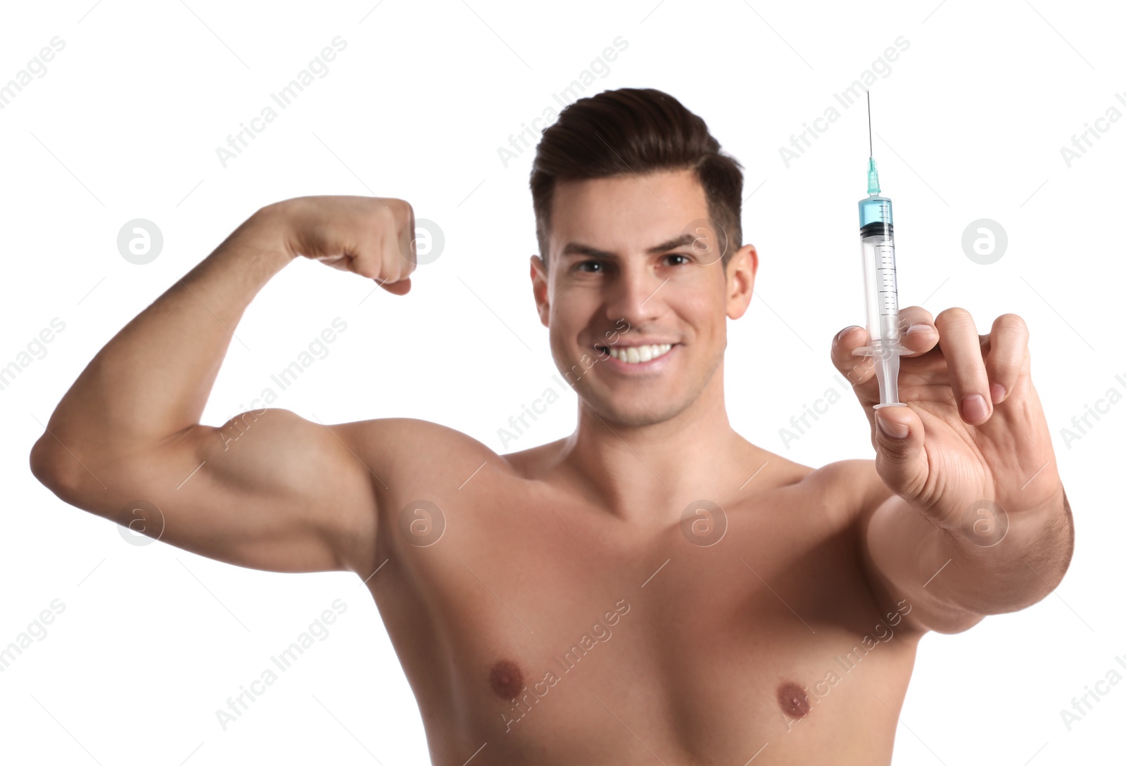 Photo of Athletic man with syringe on white background. Doping concept