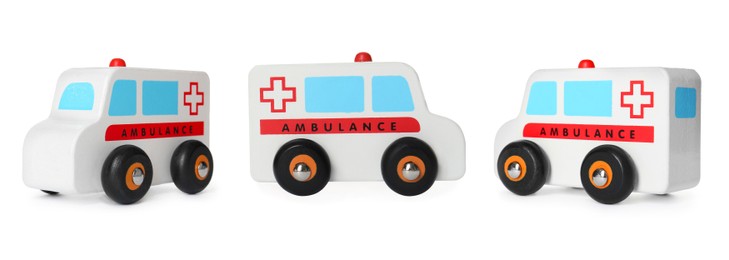 Image of Ambulance isolated on white, different angles. Collage design with children's toy