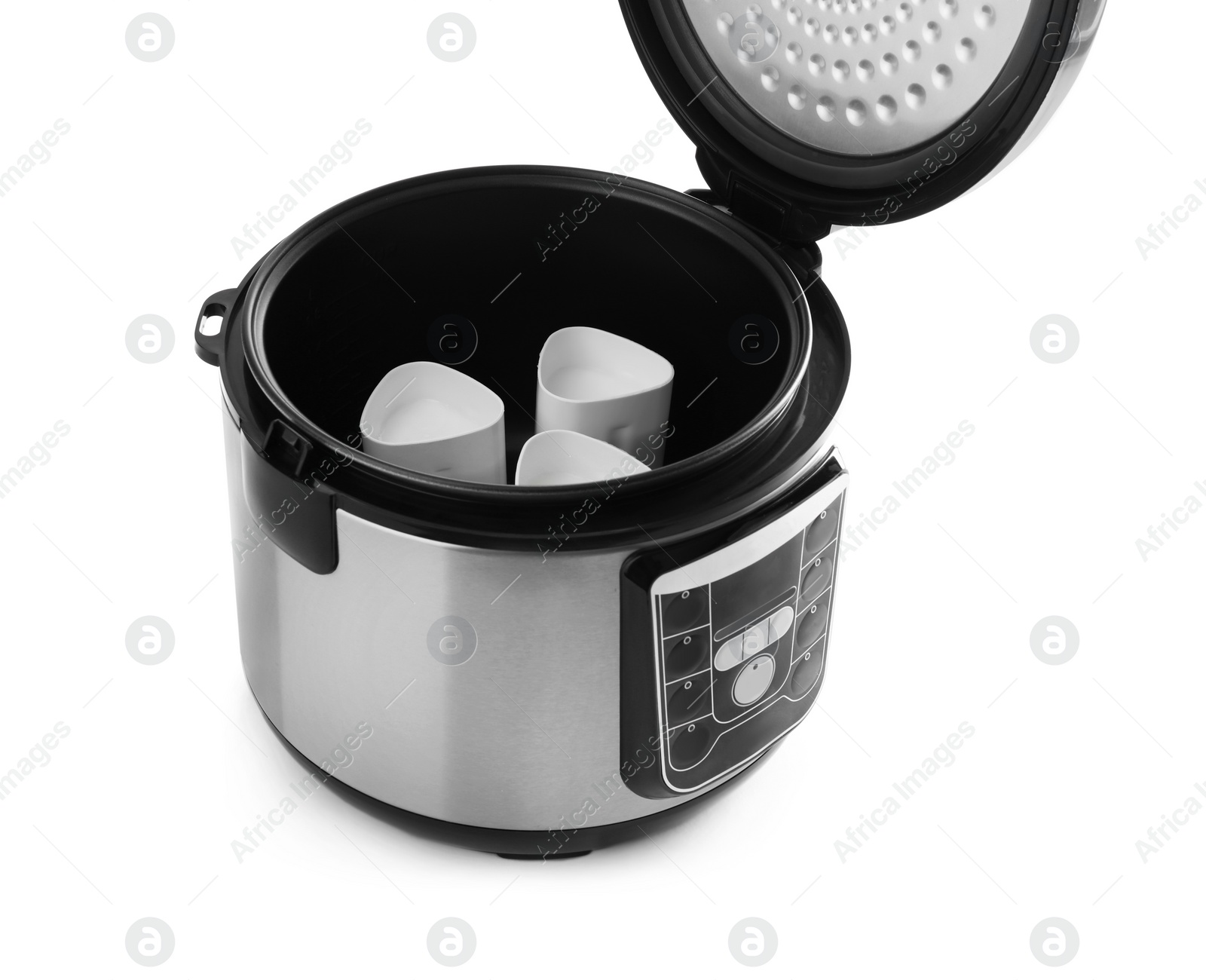 Photo of Modern multi cooker with cups for yogurt isolated on white