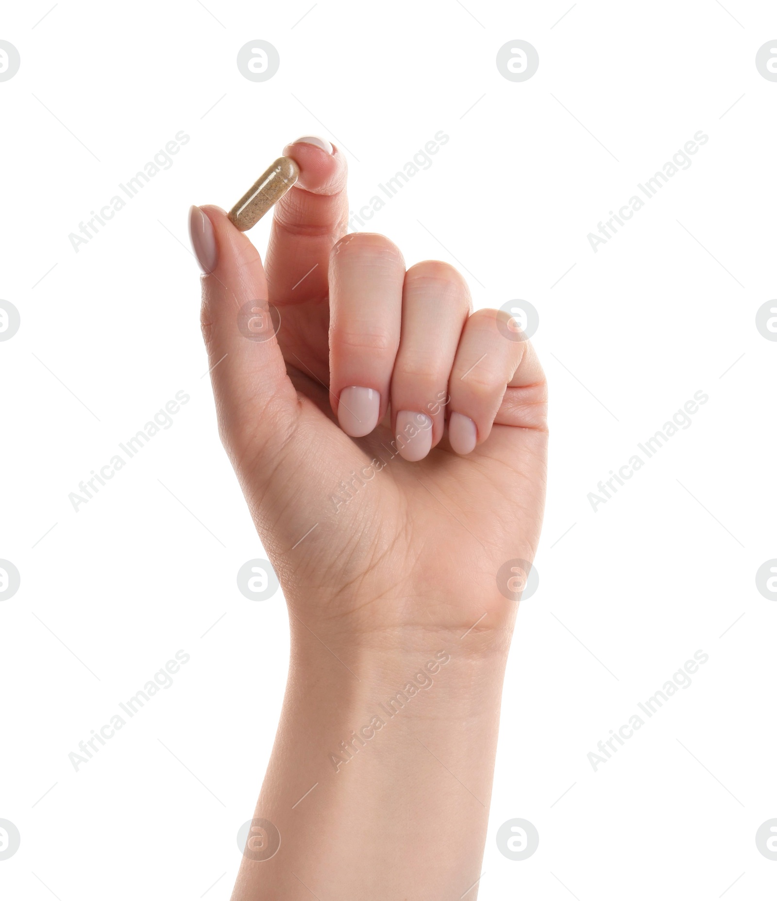 Photo of Woman holding vitamin capsule on white background, closeup. Health supplement