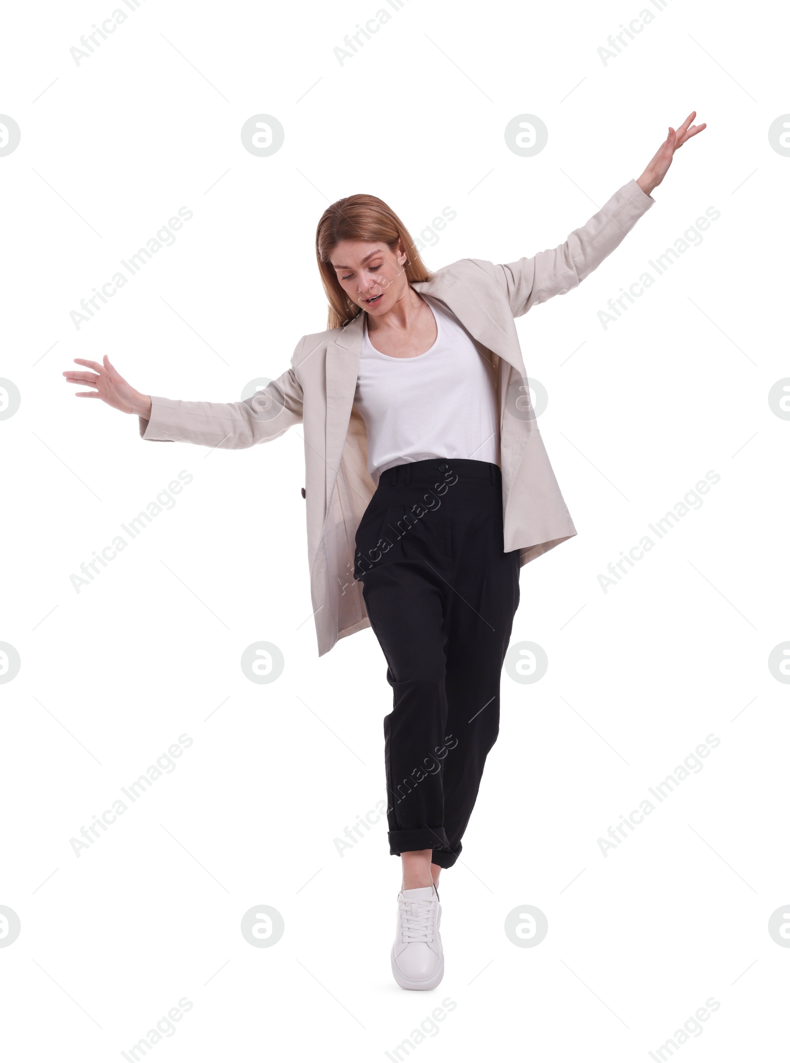 Photo of Full length portrait of beautiful businesswoman on white background