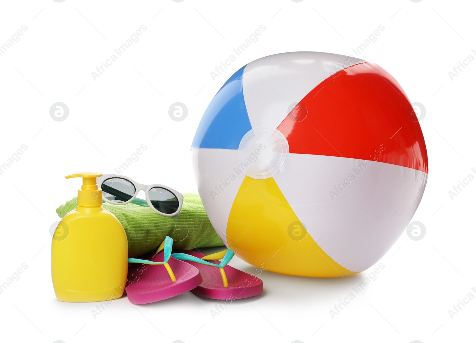 Photo of Different stylish beach accessories on white background