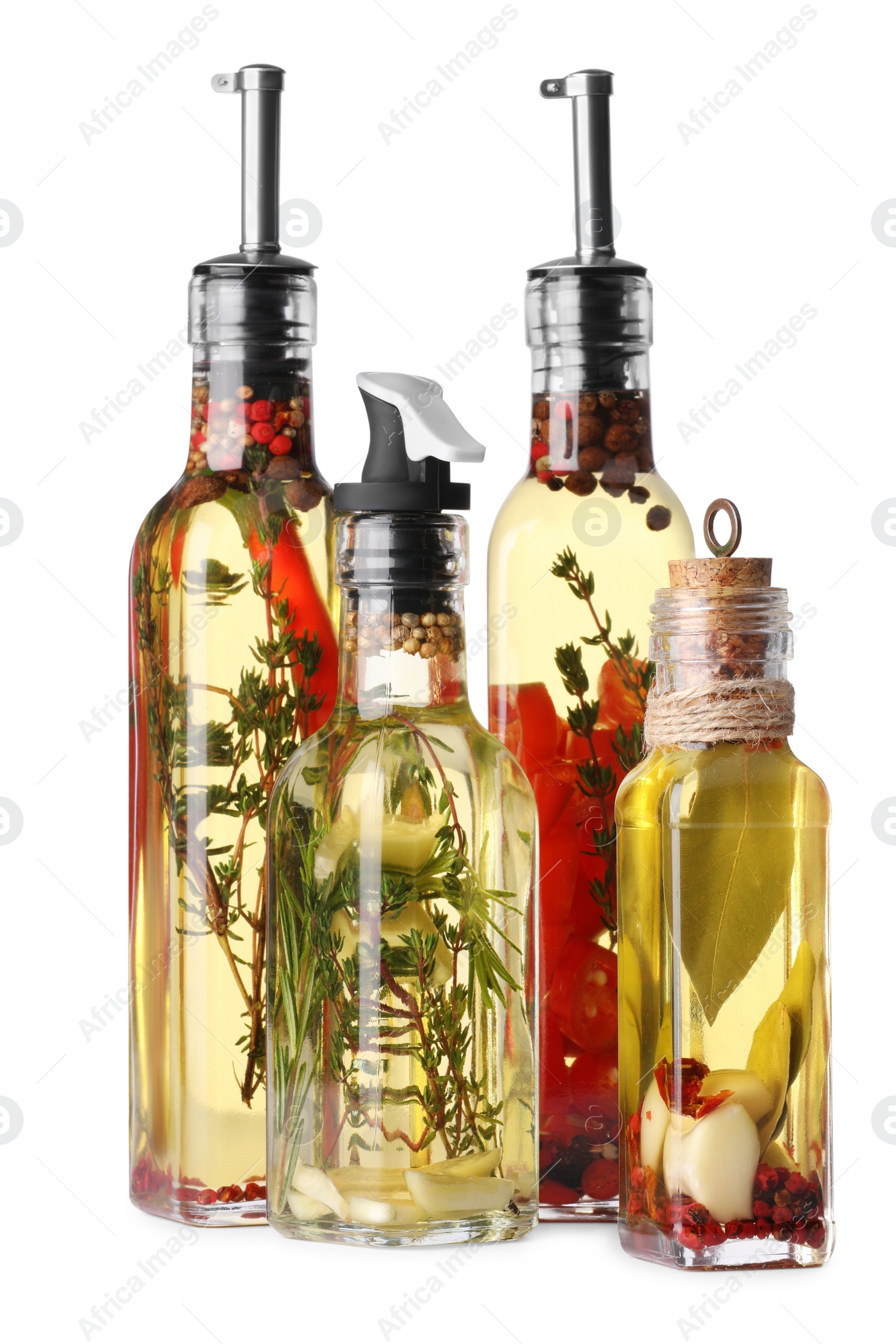 Photo of Glass bottles of cooking oil with spices and herbs on white background