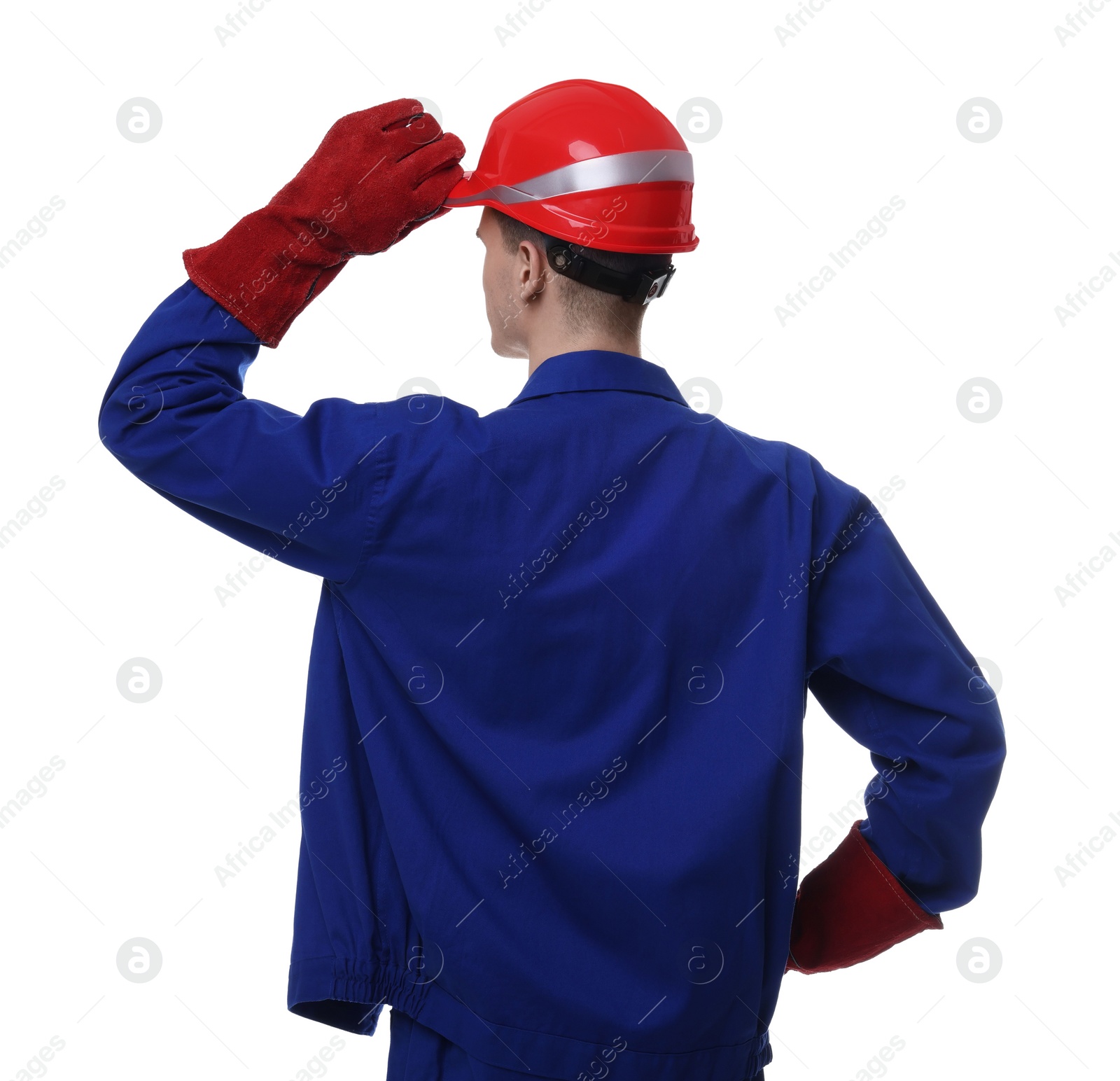 Photo of Young man wearing safety equipment on white background