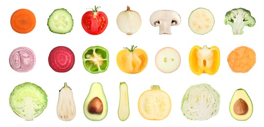 Collection of different fresh vegetables on white background. Banner design