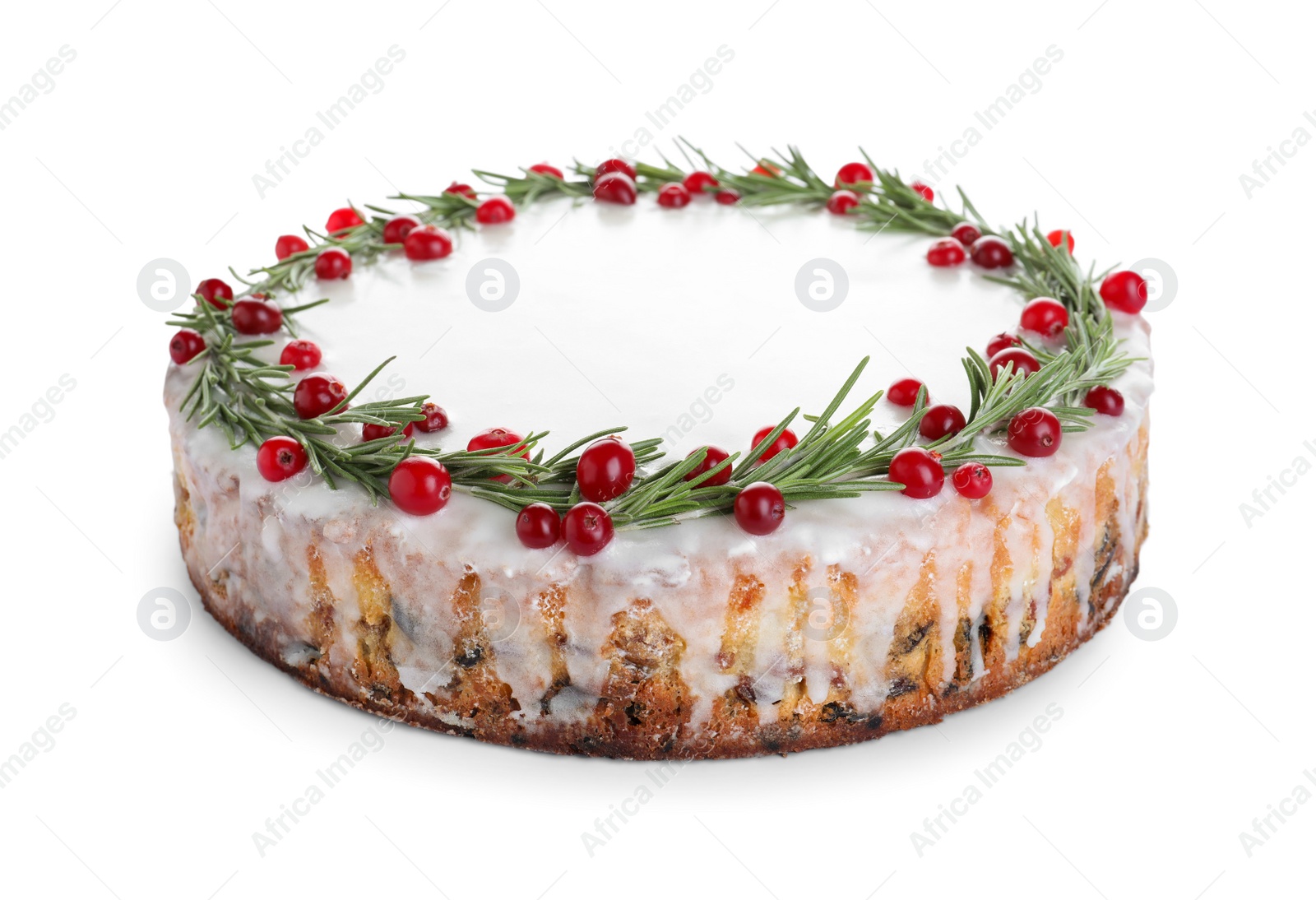 Photo of Traditional Christmas cake decorated with rosemary and cranberries isolated on white