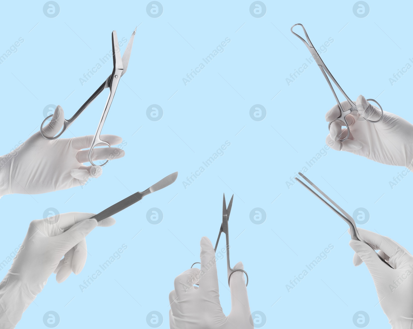 Image of Collage with photos of doctors holding different surgical instruments on light blue background, closeup 