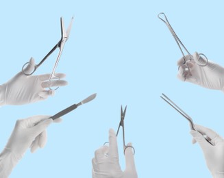 Collage with photos of doctors holding different surgical instruments on light blue background, closeup 