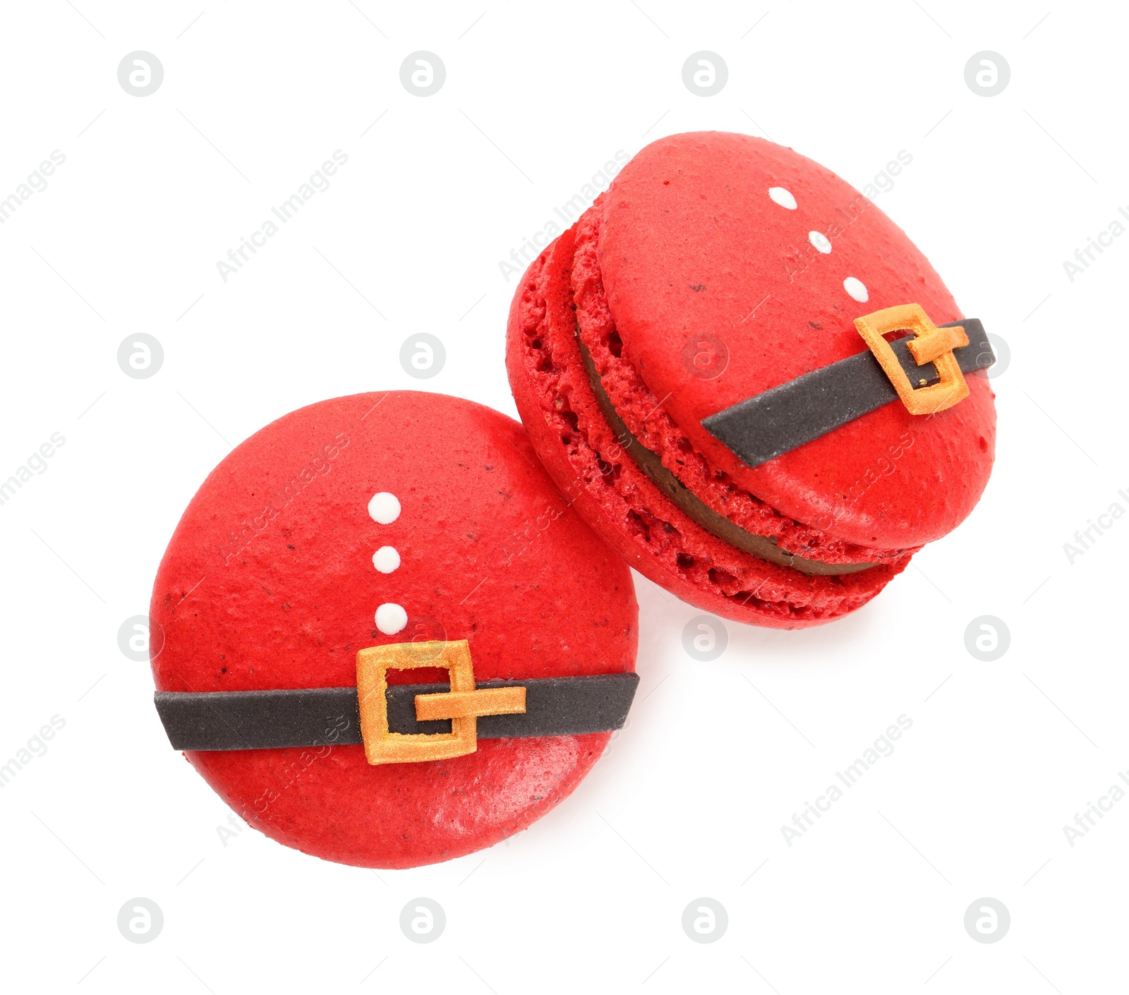 Photo of Beautifully decorated Christmas macarons on white background, top view