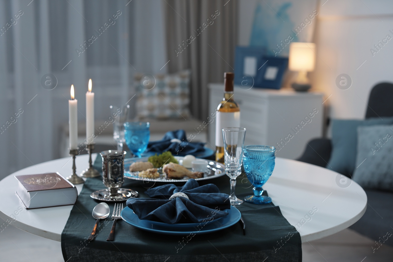 Photo of Table served for Passover (Pesach) Seder indoors