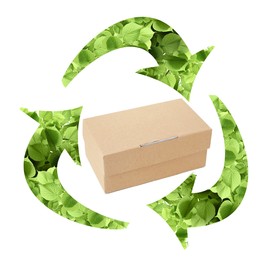 Image of Cardboard box and recycling symbol on white background
