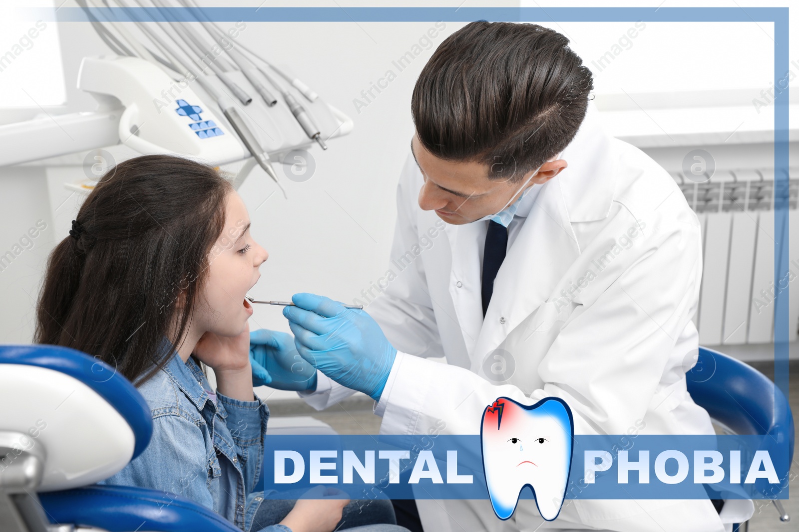 Image of Dental phobia concept. Stomatologist working with little girl in clinic