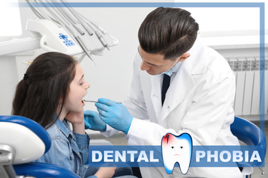 Image of Dental phobia concept. Stomatologist working with little girl in clinic