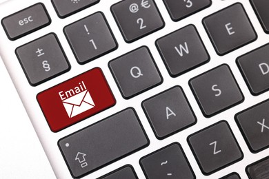 Image of Red button with word Email and illustration of envelope on laptop keyboard, top view