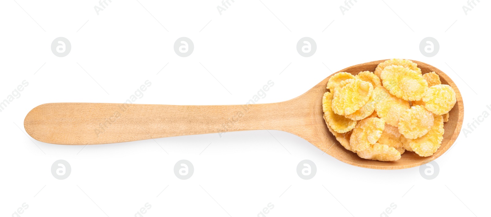 Photo of Wooden spoon of tasty crispy corn flakes on white background, top view