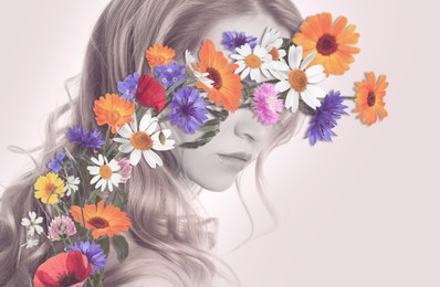 Image of Creative art collage with beautiful meadow flowers and woman on color background