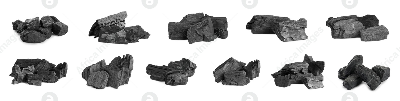 Image of Collage with different pieces of coal on white background