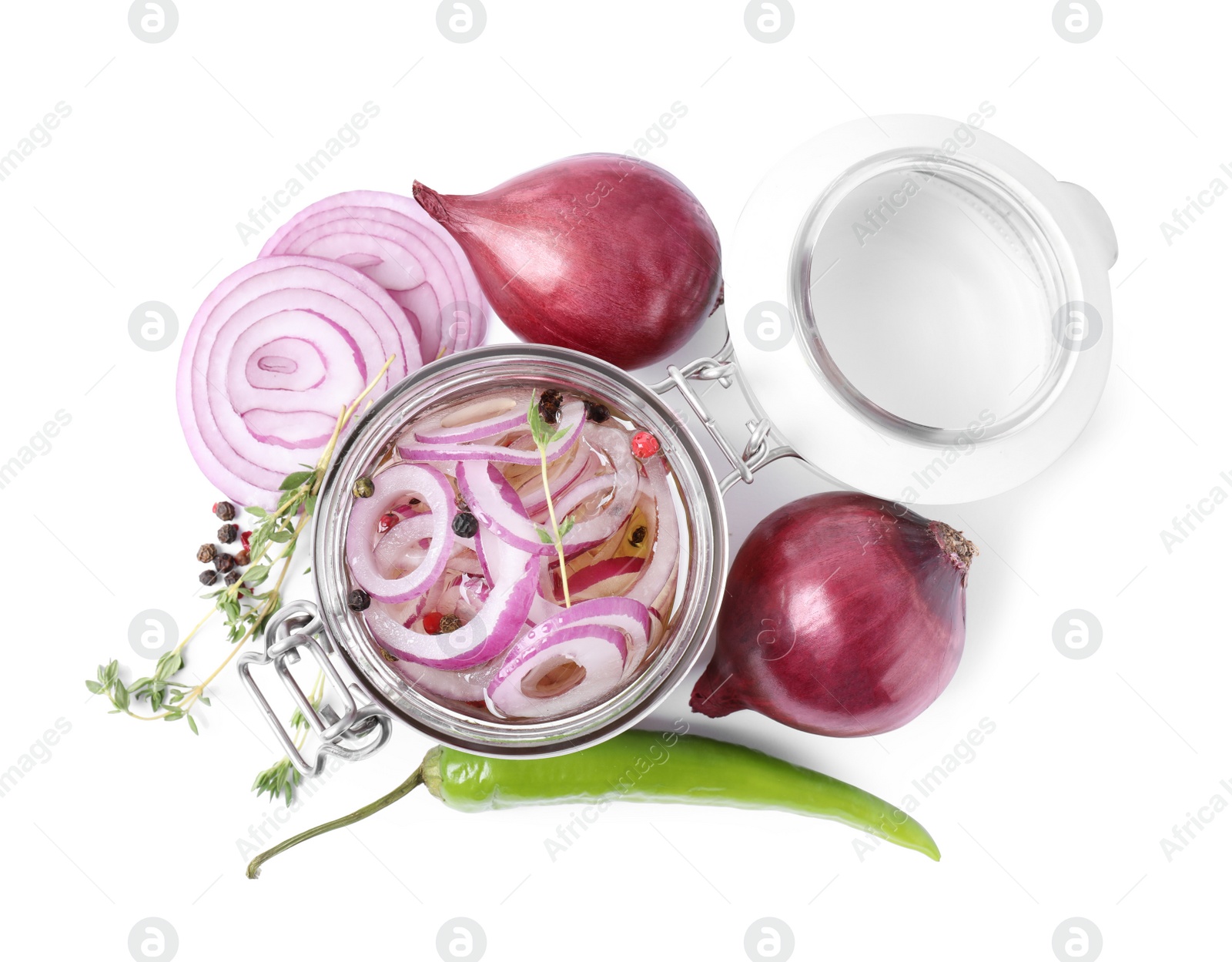 Photo of Jar of pickled onions on white background, top view