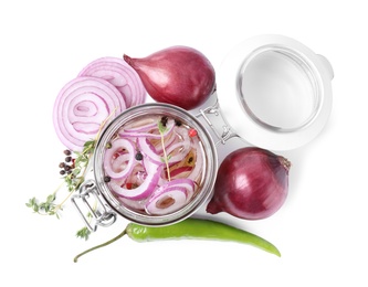 Jar of pickled onions on white background, top view