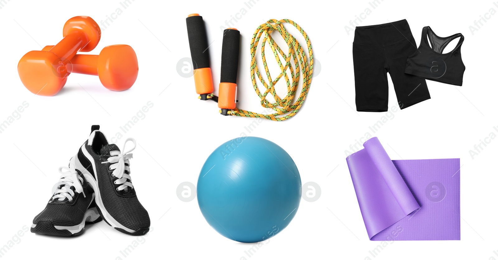 Image of Set with different fitness equipment on white background. Banner design