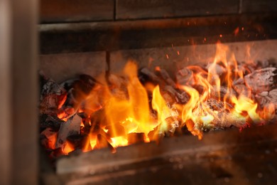 Oven with burning firewood in restaurant kitchen, closeup view