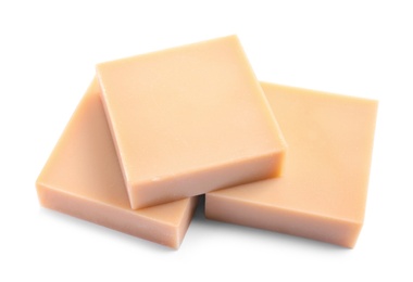 Hand made soap bars on white background