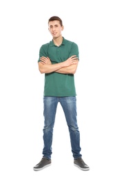 Photo of Full length portrait of young man in stylish clothes on white background