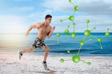 Image of Metabolism concept. Molecular chain illustration and athletic young man running  near sea on sunny day 