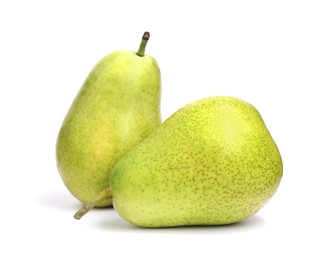 Photo of Two tasty ripe pears on white background