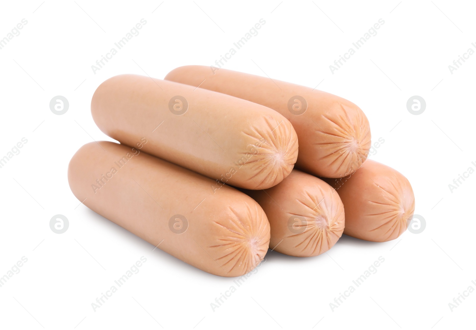 Photo of Many delicious boiled sausages on white background