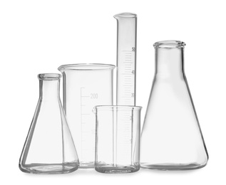 Photo of Clean empty laboratory glassware isolated on white