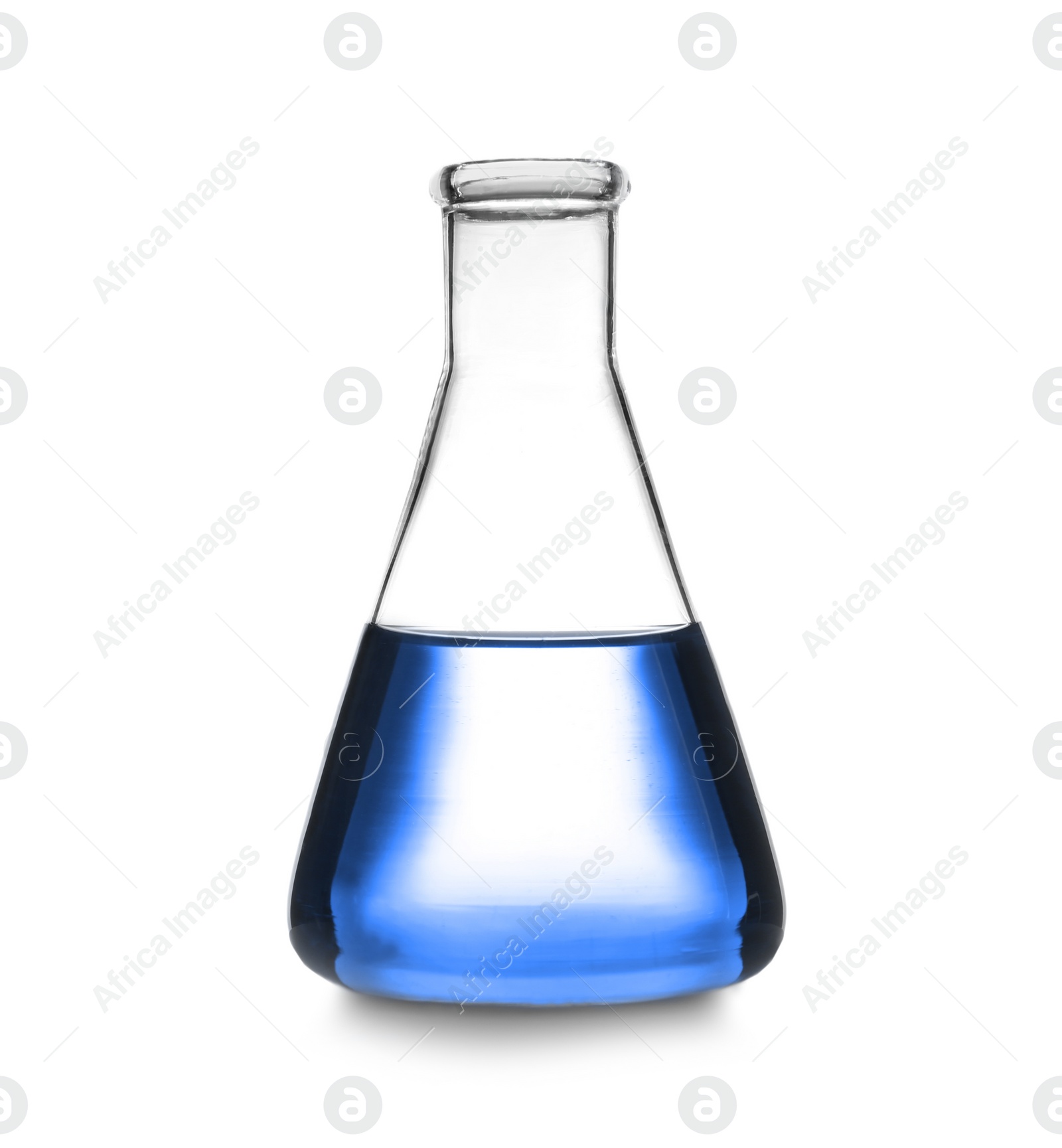 Image of Conical flask with blue liquid isolated on white. Laboratory glassware